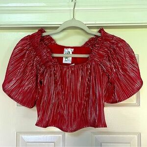NWT QUEEN OF SPARKLES Kids Red & Silver Pleat Flutter Top, Size M